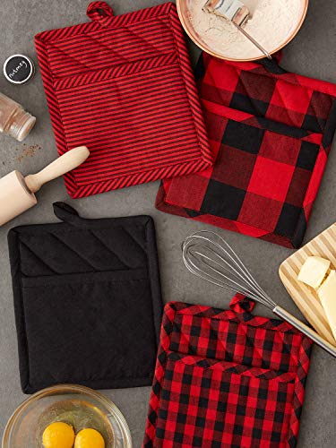 DII Gingham Check Kitchen Collection, Red/Black, Potholder Set