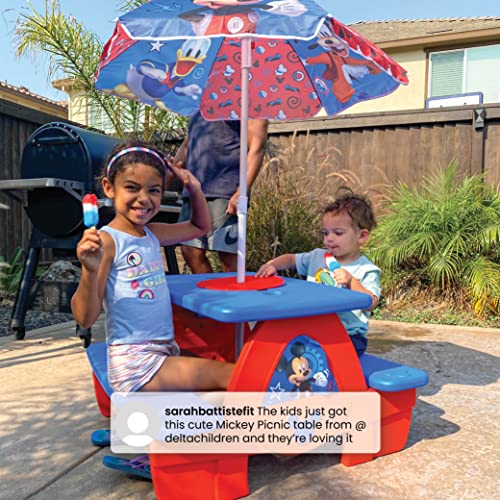 Disney Mickey Mouse 4 Seat Activity Picnic Table with Umbrella and Lego Compatible Tabletop by Delta Children, 32.5 in x 34.25 in x 53.5 in