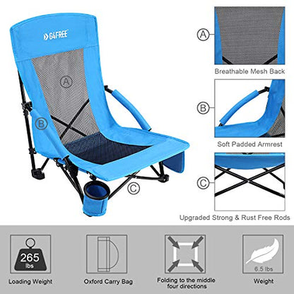 G4Free Low Sling Beach Chair, Folding Portable Beach Chair, Backpack Camping Chair for Adults with Mesh Back and Low Seat, Heavy Duty Reclining for Sand Camping (Blue)