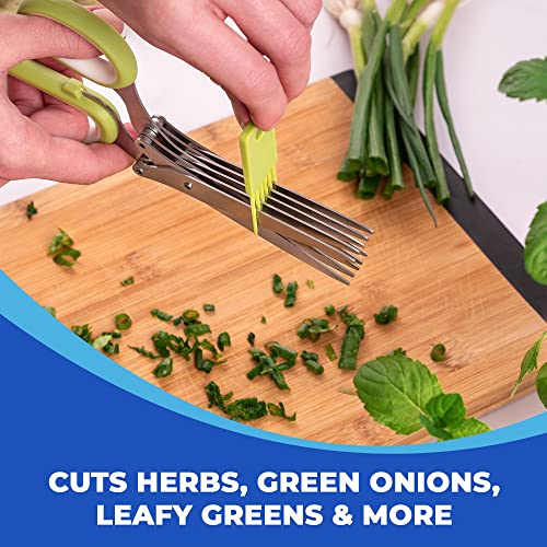 Jenaluca Herb Scissors with 5 Blades and Safety Cover - Cut, Chop & Mince Fresh Herbs & Leafy Greens - Stainless Steel Kitchen Shears with Cleaning Comb - Cool Kitchen Gadgets (Blue)