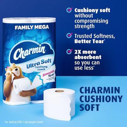 Charmin Ultra Soft Cushiony Touch Toilet Paper, 18 Family Mega Rolls = 90 Regular Rolls (Packaging May Vary)