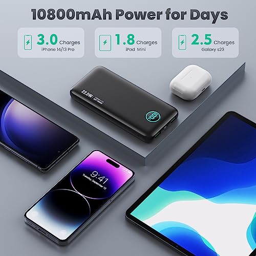Portable Charger 10800mah,Ultra Slim 22.5W LCD Display Power Bank,Dual QC 4.0 PD USB C Fast Charging Battery Pack,3 Outputs Portable Phone Charger Compatible With Iphone Samsung Android Phone etc