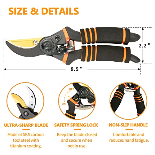 Pruning Shears, Garden Shears - VITTYL 8.5" Professional Premium SK5 Steel with Titanium Pruning Shears for Gardening, Ultra Sharp Durable Bypass Pruning Shears, Garden Scissors, Pruners