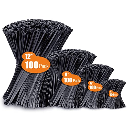 Zip Ties Assorted Sizes(4”+6”+8”+12”), 400 Pack, Black Cable Ties, UV Resistant Wire Ties by ANOSON