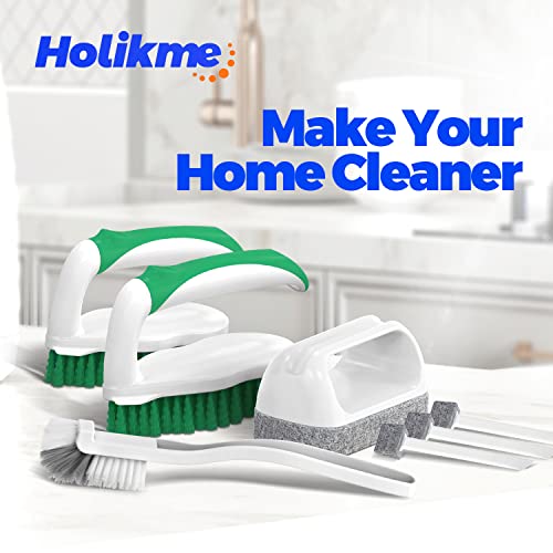 Holikme 7 Pack Deep Cleaning Brush Set,Clean Brush，Scrub Brush&Grout and Corner Brush&Scrub Pads with Scraper Tip&Scouring Pads，for Bathroom,Floor, Tub, Shower, Bathroom and Kitchen Surface（Green）