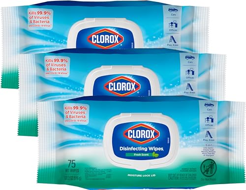 Clorox Disinfecting Wipes, Bleach Free Cleaning Wipes, Household Essentials, Fresh Scent, Moisture Seal Lid, 75 Wipes, Pack of 3 (New Packaging)