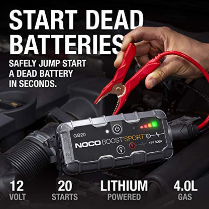 NOCO Boost Sport GB20 500A UltraSafe Car Battery Jump Starter, 12V Jump Starter Battery Pack, Battery Booster, Jump Box, Portable Charger and Jumper Cables for 4.0L Gasoline Engines