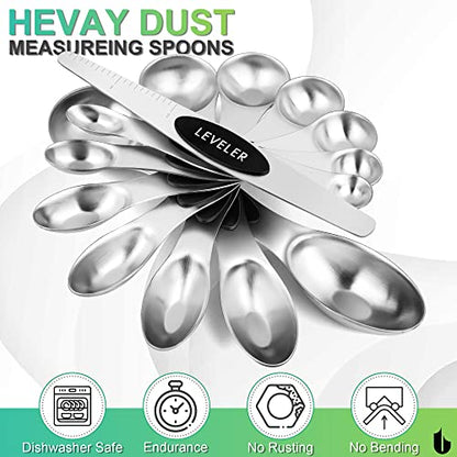 Urbanstrive Magnetic Measuring Spoons Set Stainless Steel, Dual Sided for Liquid Dry Food, Measuring Cups Spoons Set Fits in Spice Jar, Kitchen Gadgets, Cooking Utensils Set, Including Leveler, Silver