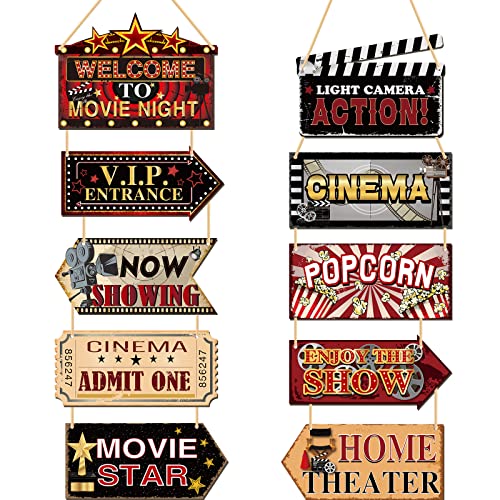 10 Pieces Wooden Movie Theater Decor Hanging Vintage Theater Room Decor Classic Home Theater Decor Rustic Movie Room Accessories Wood Movie Living Room Decor for Cinema Theme Wall Art Signs Plaque