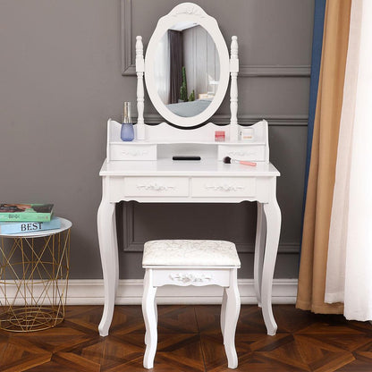 Ktaxon Elegance White Dressing Table Vanity Table and Stool Set Wood Makeup Desk with 4 Drawers & Mirror