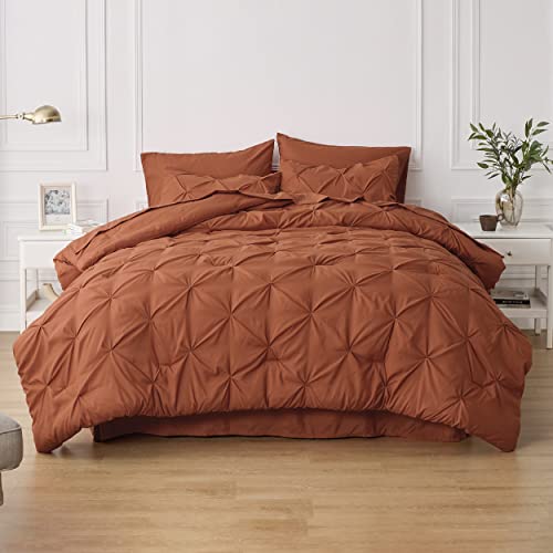 Bedsure Queen Comforter Set - Bed in a Bag Queen 7 Pieces, Pintuck Bedding Sets Burnt Orange Bed Set with Comforter, Sheets, Pillowcases & Shams