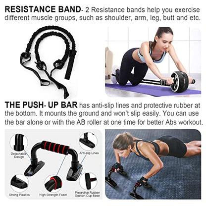 Ab Roller Wheel, 10-In-1 Ab Exercise Wheels Kit with Resistance Bands, Knee Mat, Jump Rope, Push-Up Bar - Home Gym Equipment for Men Women Core Strength & Abdominal Exercise