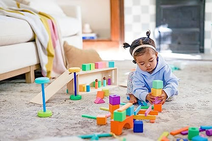 LOVEVERY | The Block Set | Solid Wood Building Blocks and Shapes + Wooden Storage Box, 70 Pieces, 18 Colors, 20+ Activities, Toddler Block Set and Converts into a Pull Car, Ages 18 to 48+ Months