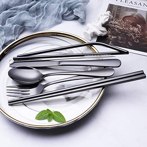 Portable Stainless Steel Flatware Set, Travel Camping Cutlery , Portable Utensil Silverware Dinnerware Set with a Waterproof Case (Black)