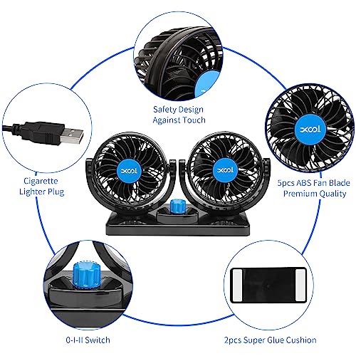 XOOL Car Fan, USB Portable Cooling Air Fan for Car, 360 Degree Rotatable Dual Head Desk Fans with 2 Speed Strong Wind for Dashboard SUV, RV, Vehicles, Boat, Home & Office - USB Powered