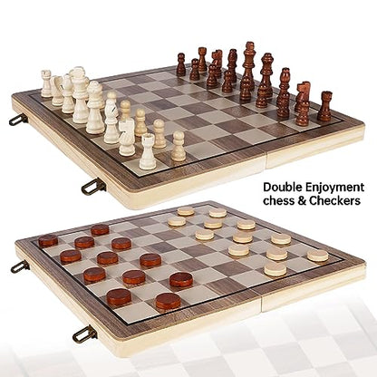 Demiwise 15" Wooden Chess Sets,Chess & Checkers Set with 2 Extra Queens,Foldable Wooden Chess Set Board for Adults and Kids,Handmade Portable Chess Board Game for Familly Travelling