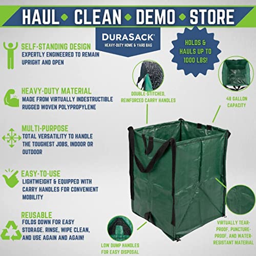 DURASACK Heavy Duty Home and Yard Waste Bag 48-Gallon Woven Polypropylene, Reusable Lawn and Leaf Garden Bag with Reinforced Carry Handles, Pop-Up Self-Standing Garbage Can, Green, Pack of 3