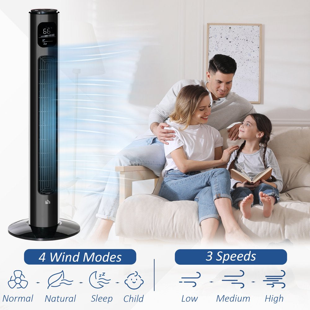 HOMCOM 37.75" Tower Fan Cooling for Bedroom with 3 Speeds, 12H Timer, 70Â° Oscillating, LED Panel, and Remote Control, Black