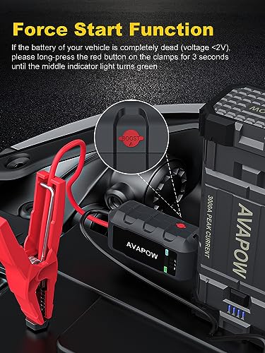 AVAPOW Car Battery Jump Starter 3000A Peak, Jumpstart with Force Start Function, Portable Starters for Up to 8L Gas 8L Diesel Engine with Booster Function,12V Lithium Jump Charger Pack Box