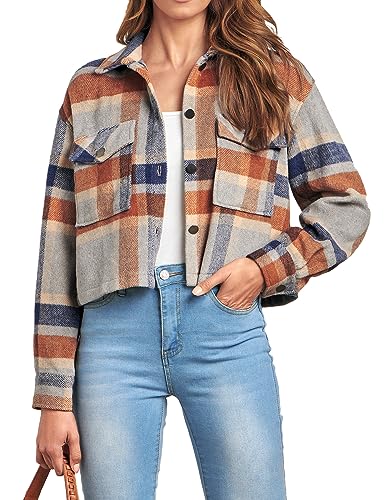 CFLONGE 2023 Casual Cropped Shacket Jackets Women Fashion Button Down Plaid Shirt for Women Long Sleeve Flannel Blouses Top(Dark Blue,Large)