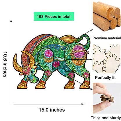 Wooden Puzzle for Adults, Unique Animal Shaped Wooden Jigsaw Puzzles with 168 Pieces, Sturdy Laser Cut Wood Jigsaw Puzzles, Good Families Games and Gifts (Bull, Large Size)