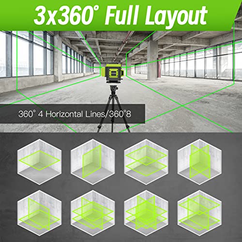 Susbie Laser Level -3x360° Cross Line Laser for Construction and Picture Hanging-12 Green Lasers with Self-leveling-Level Tool with 10000 mAh Rechargeable Battery