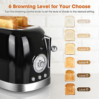 CROWNFUL 2-Slice Toaster, Extra Wide Slots Toaster, Retro Stainless Steel with Bagel, Cancel, Defrost, Reheat Function and 6-Shade Settings, Removal Crumb Tray, Black