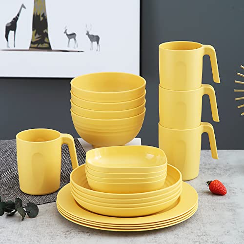 Kyraton Plastic Dinnerware Sets of 20 Pieces, Unbreakable And Reusable Light Weight Plates Mugs Bowls Dishes Easy to Carry And Clean Microwave Safe BPA Free Dishwasher Safe Service For 4 (Gold Yellow)