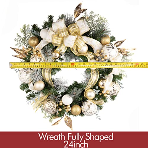 Valery Madelyn Pre-Lit Christmas Wreath for Front Door with Lights, 24 Inch Large Lighted Christmas Wreath with White Gold Xmas Ball for Fireplace Window Outdoor Table Centerpiece Holiday Decoration