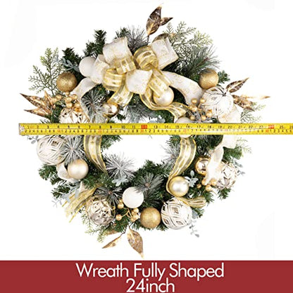 Valery Madelyn Pre-Lit Christmas Wreath for Front Door with Lights, 24 Inch Large Lighted Christmas Wreath with White Gold Xmas Ball for Fireplace Window Outdoor Table Centerpiece Holiday Decoration