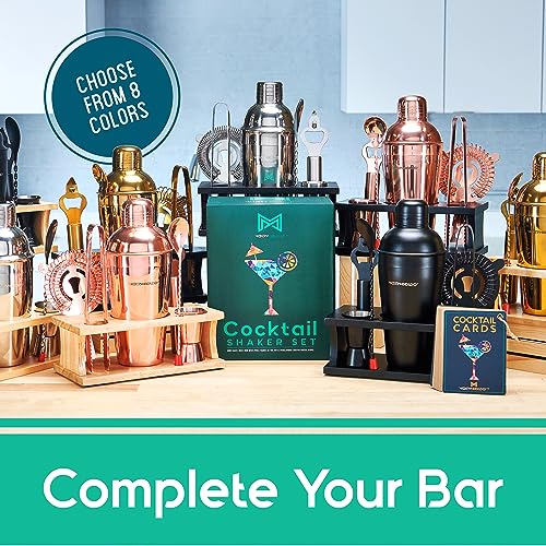 Mixology Bartender Kit - 8-Piece Black Matte Cocktail Shaker Set with Pine Wood Stand, Recipe Cards, and Bar Accessories - Christmas Gift Ideas