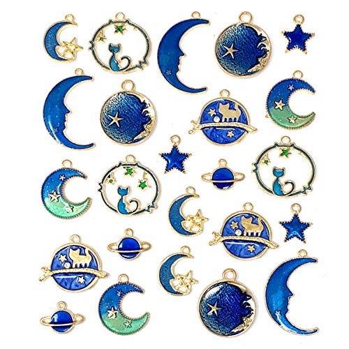 JIALEEY Assorted Gold Plated Enamel Cat Moon Star Celestial Charm Pendant DIY for Earrings Necklace Bracelet Jewelry Making and Crafting