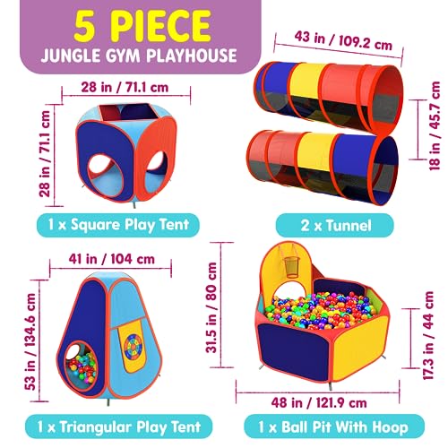 Playz 5pc Kids Play Tent Jungle Gym, Ball Pit, Pop Up Tents & Play Tunnel for Toddlers, Babies, and Kids Indoor & Outdoor Playhouse Bundle with Dartboard and 5 Sticky Balls, Gift for Boys & Girls