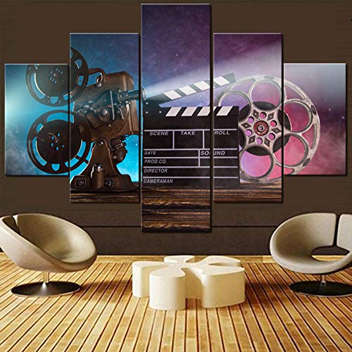 Movie Theater Decor Vintage Film Clapper Paintings Movie Projector Picture Old Cinema Artwork for Living Room 5 Piece Canvas Wall Art Modern House Decor HD Prints Framed Ready to Hang(60''Wx 40''H)