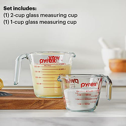 Pyrex 2 Piece Glass Measuring Cup Set, Includes 1-Cup, and 2-Cup Tempered Glass Liquid Measuring Cups, Dishwasher, Freezer, Microwave, and Preheated Oven Safe, Essential Kitchen Tools