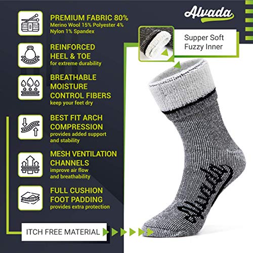 Alvada Merino Wool Hiking Socks Thermal Warm Crew Winter Boot Sock For Men Women 3 Pairs ML