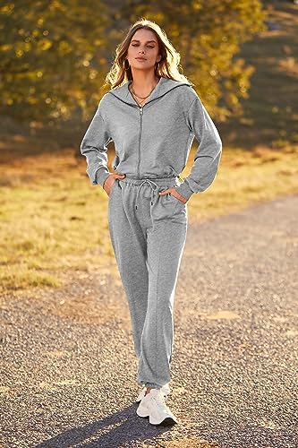 PRETTYGARDEN Women's 2 Piece Tracksuit Outfits Long Sleeve Zip Up Sweatshirt Drawstring Sweatpants Lounge Set (Grey,Medium)