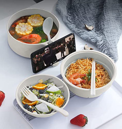 Ramen Cooker Ramen Plastic Bowl Set with Chopsticks Microwave Noodle College Dorm Room Essentials for Girls for Boys Apartment -White