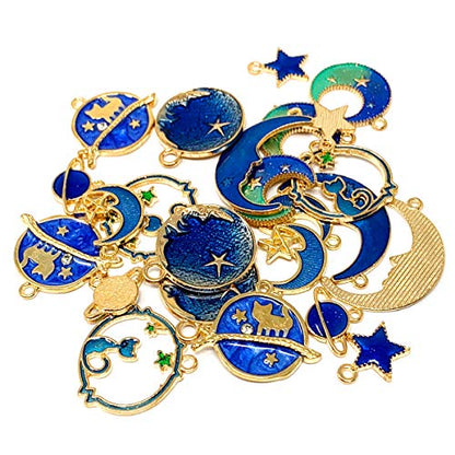 JIALEEY Assorted Gold Plated Enamel Cat Moon Star Celestial Charm Pendant DIY for Earrings Necklace Bracelet Jewelry Making and Crafting