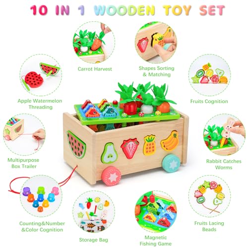 curibble 10-in-1 Toddlers Montessori Wooden Educational Toys for Baby Boys Girls Age 18 Months and Up,Shapes Sorting &Matching, Preschool Learning Fine Motor Skills Game