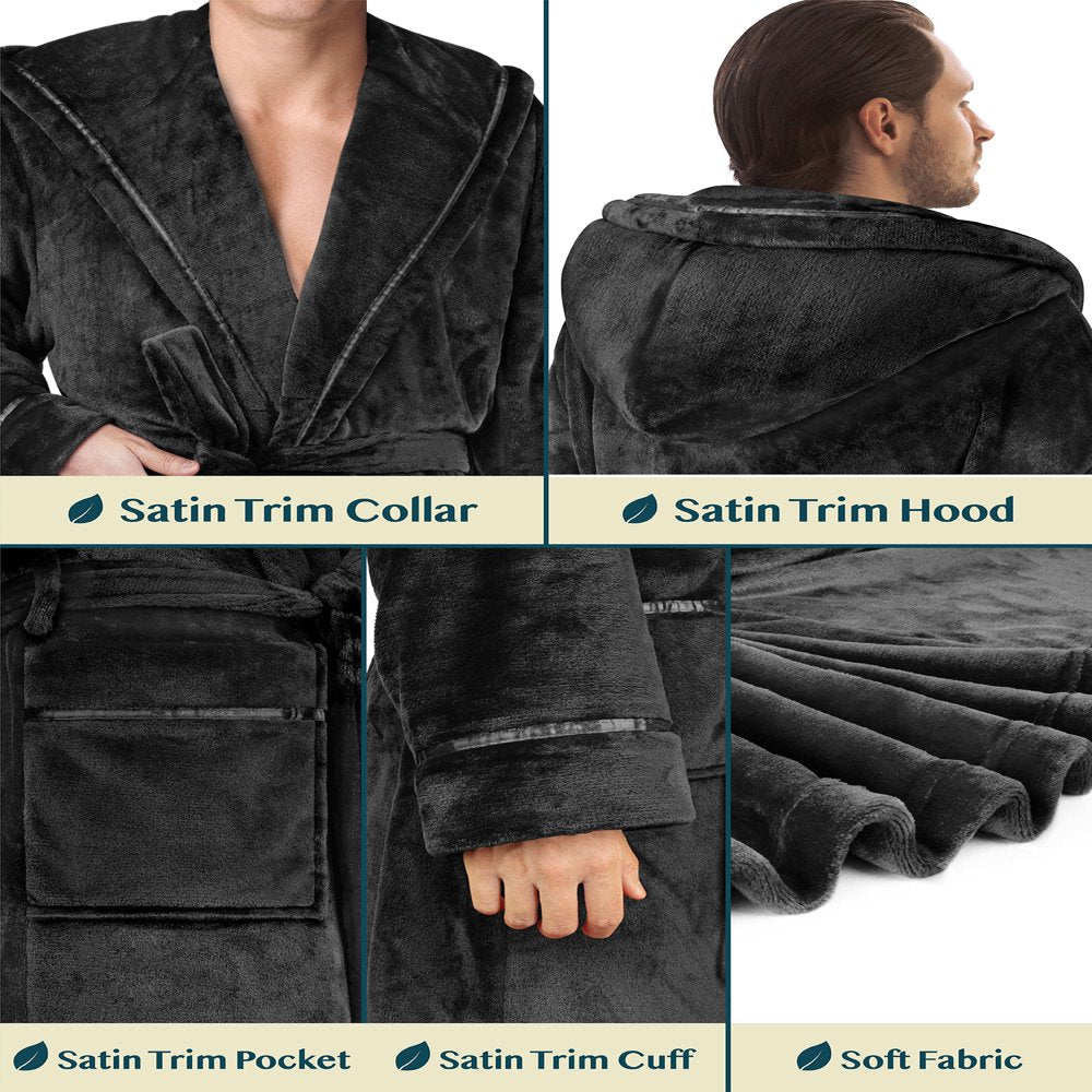 PAVILIA Mens Robe, Hooded Soft Robe for Men, Warm Bathrobe with Hood for Bath Shower Spa with Shawl Collar, Pockets, Satin Trim, Plush Fleece - Black