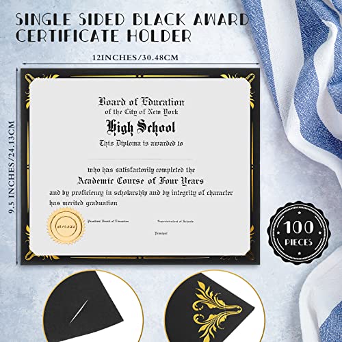 100 Pieces Single Sided Award Certificate Holder with Gold Foil Border for 8.5 x 11 Inches Certificates Cardstock Document Papers Diploma Covers Graduation Competition Supplies (Black)