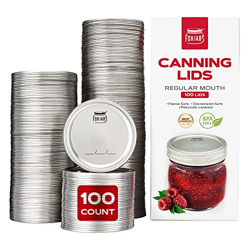 Canning Lids Regular Mouth, 100-Pack – Create Airtight Seals on Mason Jars to Preserve Food for Meal Prep & Food Storage – 2.7 In. Steel Lids with Silicone Seals – Canning Supplies by FORJARS