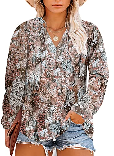 Eytino Women Plus Size Tops Casual Floral Printed V Neck Long Sleeve Drawstring Chiffon Blouse Shirts,4X Khaki