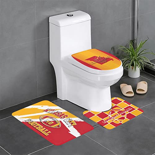 Kansas City Bathroom Rug Mats Football Sports Fans Non-Slip Bath Rug Toilet Seat Cover Washable Bathroom Mat Set of 3