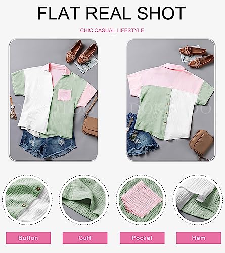 Dokotoo 2023 Summer Womens Ladies V-Neck Turn Down Collared Batwing Short Sleeve Pullover Shirts Comfy Linen Color Block Back Button Down Workout Loose fit Tunic Blouses Green 2XL