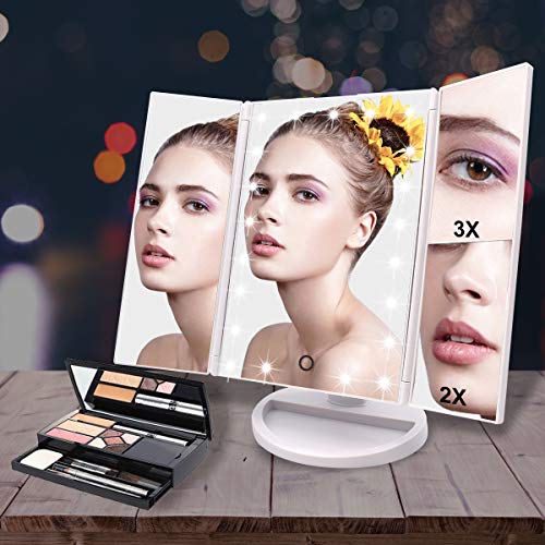 WEILY Makeup Mirror with 21 LED Lights,Two Power Supply, Touch Screen and 1x/2x/3x Magnification Tri-Fold Vanity Mirror, Gift for Women(White)