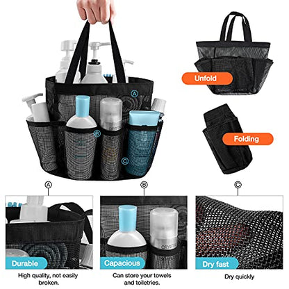 Ndeno, Mesh Shower Caddy Basket Portable for College Dorm Room Essentials, Bath Caddy Shower Bag Organizer Tote 8 Storage Pockets for Camping, Travel (1pc, Black)