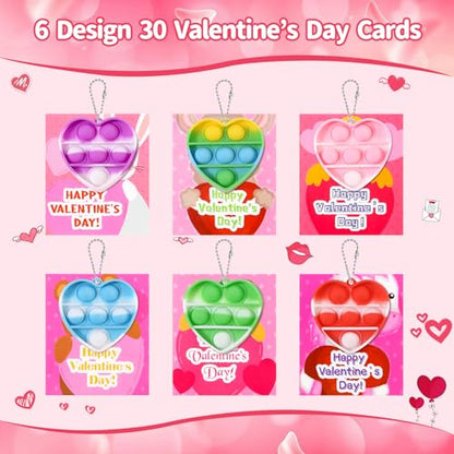 30Pack Valentines Cards for Kids Classroom with Heart Pop Bubble Fidget Keychain Toys, Bulk Prizes Toys for Valentines Day Party Favors School Classroom Exchange Gifts Pack for Kids