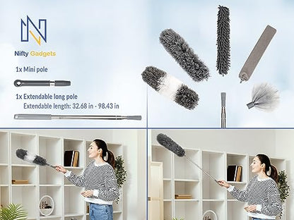 Nifty Gadgets Feather Duster Set - Premium Quality Microfiber Cleaning Brushes with Extendable Handle for Dusting - Reusable, Bendable Dusters, Washable Lightweight